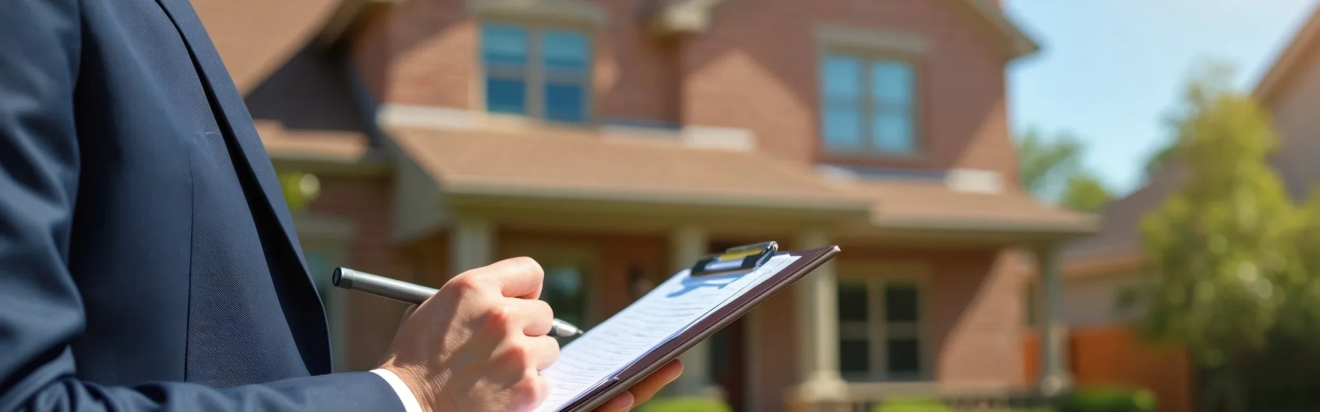 Surveyor with a clipboard inspecting a residential property